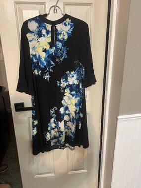 Roz & Ali Black Tunic Dress with Blue & Yellow Floral Print
